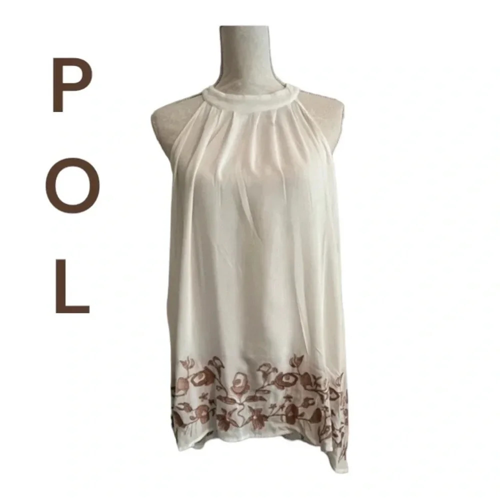 Pol Womens Blouse White Sleeveless With bottom Embroidered Boho halter neck line